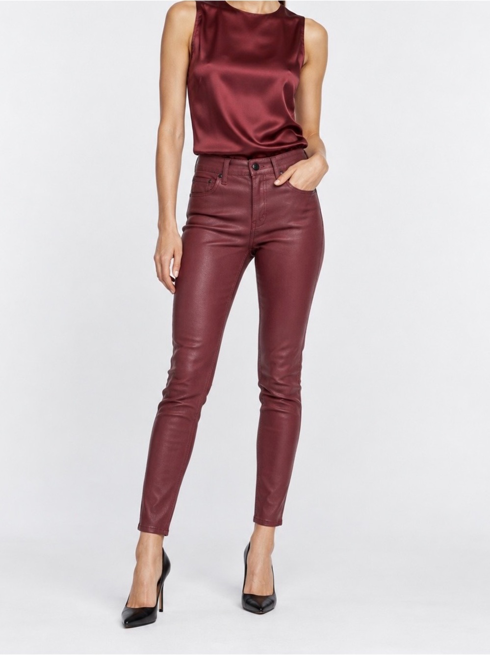rag & bone Burgundy Lambskin Leather High Rise Skinny Pants Pockets Zip US 27